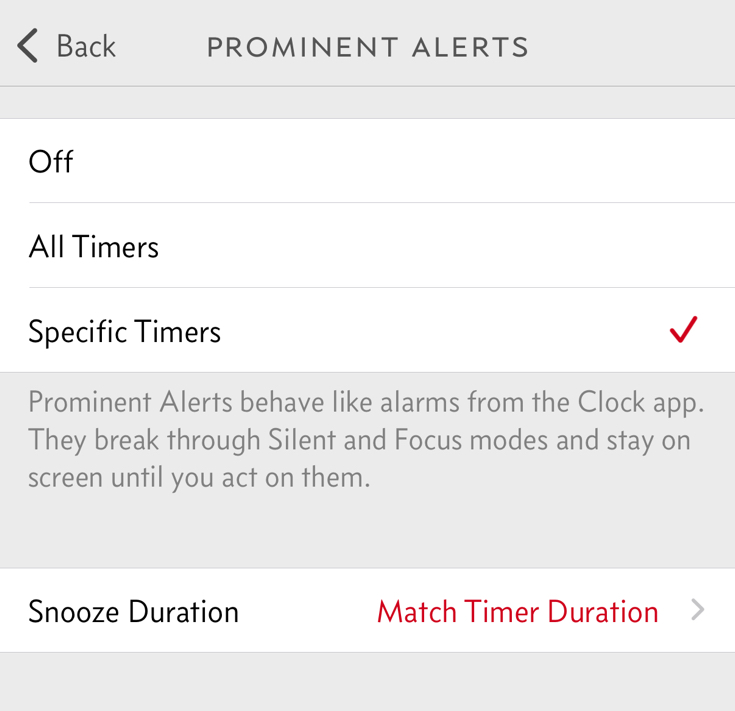Timer Prominent Alerts Snooze Duration setting